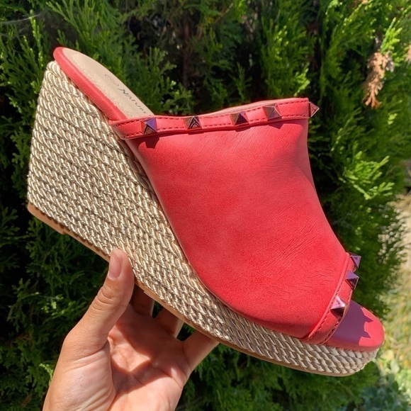 Melon Red Rockstud Rope Espadrilles Wedges Sandals - Picture 1 of 10